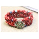 Sterling Enamel Coral Turquoise Elastic Bracelet