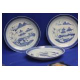 Lot of 3 Blue and White Canton Dish