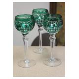 Set of 3 Green Cut Glass Goblets