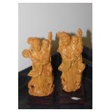 Set of 2 Chinese Wooden Statue on Stand