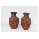 Pair of Antique Chinese Cinnabar Vases