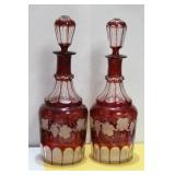 A Pair of Ruby Red Etched Glass Decanters