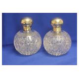 Set of 2 Sterling Top Cut Glass Perfume Bottles