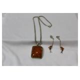 A Necklace with Amber Pendant and Earrings Suite