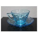 A Teal Colour Glass Cup and Saucer