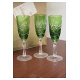 Set of 3 Green Cut Glass Goblets