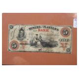 Very Rare Miners and Planters Bank $5 Bank Note