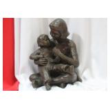 A Heavy Signed Bronze Statue of a Mother and Child