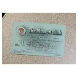 Rare 1909 The Marion Club Membership Ticket Card