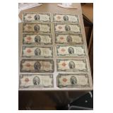 Lot of Twelve 1928 $2.00 Red Seal Note