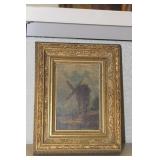 19th century oil on wood painting of wind mill