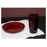 A Ruby Red Glass Cup and Round Tray
