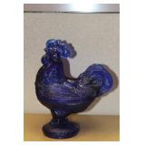 Cobalt Blue Rooster Glass Cover Dish