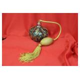 A Beautiful Teal Glass Gold Overlay Parfume Bottle