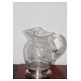 Sterling Bottom Rim Etched Glass Pitcher
