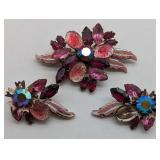 Pink & Red Aurora Borealis Brooch + Earrings