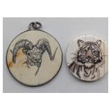 Scrimshaw Style Handmade Goat and Tiger Pendants