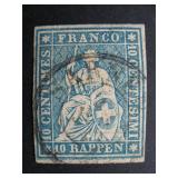 Switzerland imperf stamp sitting Helvetia has thin