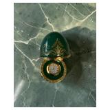 Avon Enamel Faberge-Style Green & Gold Footed Egg W Hinged Lid & Built In Clock (1)