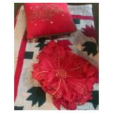 Christmas Decor Set - Quilt, Embroidered Poinsettia Placemats & Pillow