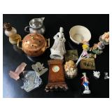 Copper Potpourri Bowl, Pink Glass Owl Figurine, Chinoiserie Mantel Clock