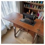 Cast Iron Kenmore E-6354 Sewing Machine Housed In Foldable Wooden Cabinet