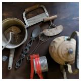 Copper Tea Kettle, Cast Iron Wall Hanging Spoon, Foley Food Mill