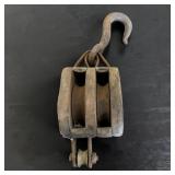 Primitive Wooden Double Block Pulley W:Cast Iron Hardware