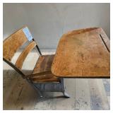 Wooden School Desk W Attached Matching Wooden Chair W Undershelf