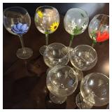 Glass Balloon Goblets - Clear & W:Hand-Painted Flower Designs