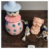 1950s Bell Products Ceramic Clown Lamp &  I.W. Rice Ceramic Pig Night Light