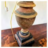 Hand Carved Painted Wooden Urn Table Lamp W Tiered Square Base & Green Lampshade