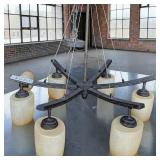 Sputnik Inspired Metal Wagon Wheel Chandelier W Cylindrical Frosted Glass Shades