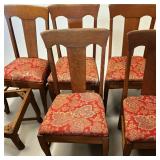 Stomps & Burkhardt Co Antique Oak Dining Chairs W:Red Floral Tapestry Cushions