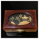 Chinese Lacquered Wood Jewelry Box W 3D Carved Cork Ruanmu Hua