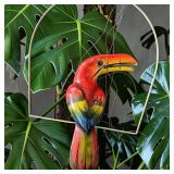 1970s Hand Carved Painted Wood Hanging Folk Art Toucan On Metal Hoop