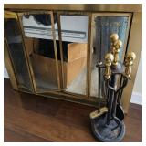 Fireplace Set W: Brass-Plated Tools & Metal Stand featuring distinctive cannonball finials.