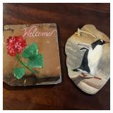 Natural Slate Stone Wall Art W:Penguin & Welcome W:Germanium Flower - Lot of 2
