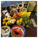 Sesame Street Elmo Cookie Tin, Marjorie Sarnat Penguin Tin, Metal Plant Stand