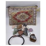 LOT OF STONES, JEWERLY WITH VINTAGE BAG