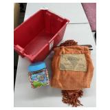 Red Storage Bin, Plush Blanket, Beads