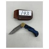 Damascus Steel Folding Hunting Knife w/ Sheath
