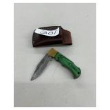 Damascus Steel Folding Hunting Knife w/ Sheath