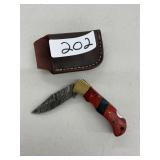 Damascus Steel Folding Hunting Knife w/ Sheath
