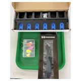 Tray Lot: Fishing Rod Holder, Knife, Lures