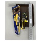 Tray Lot: Framing Square, Snips, Hand Saw