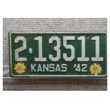 1942 Vtg Kansas License Plate