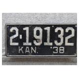 1938 Vtg Kansas License Plate