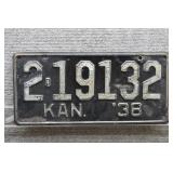 1938 Vtg Kansas License Plate