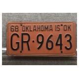 1968 Vtg Oklahoma License Plate